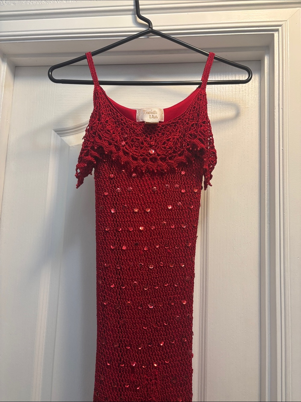 Handmade Knit Maxi Dress with Beaded Crochet Yoke — Deep Red